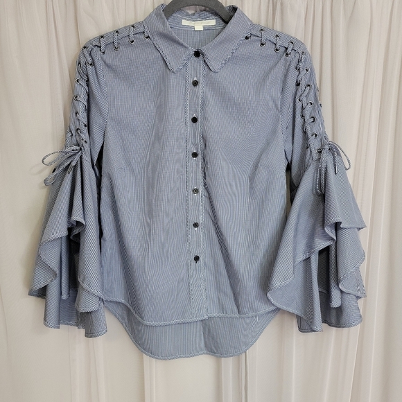Jonathan Simkhai Button-Front Gingham Poplin Shirt With Lace-Up Trim - Picture 3 of 10